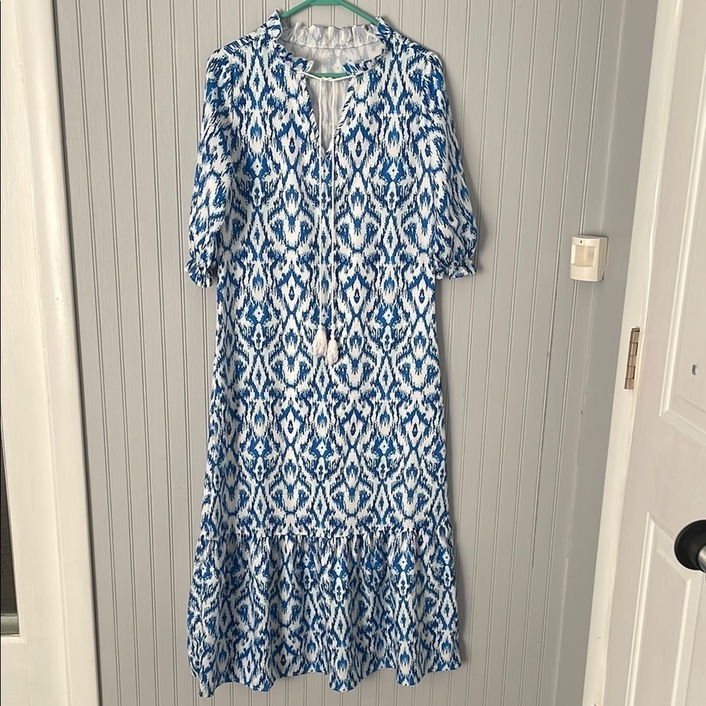 Blue Boho Pattern Maxi Elegant Short Sleeve V Neck Loose Swing Dress | Small - Picture 2 of 14